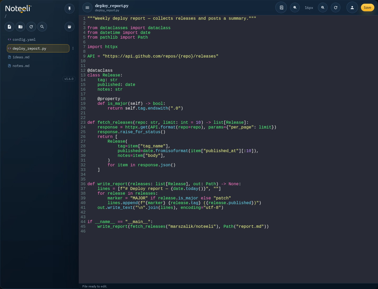 Noteeli code editor showing a Python file with syntax highlighting