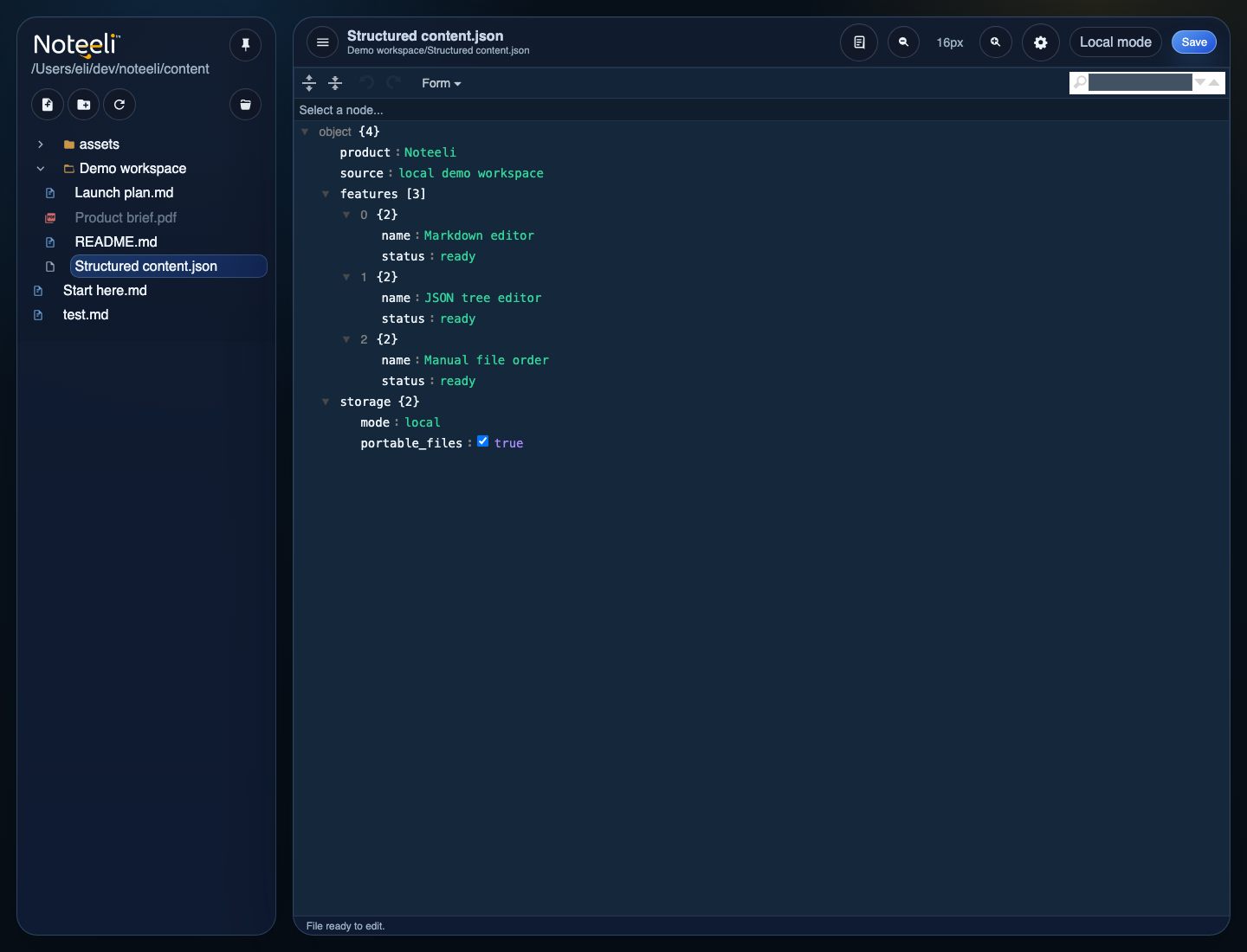 Noteeli JSON tree editor showing structured product data