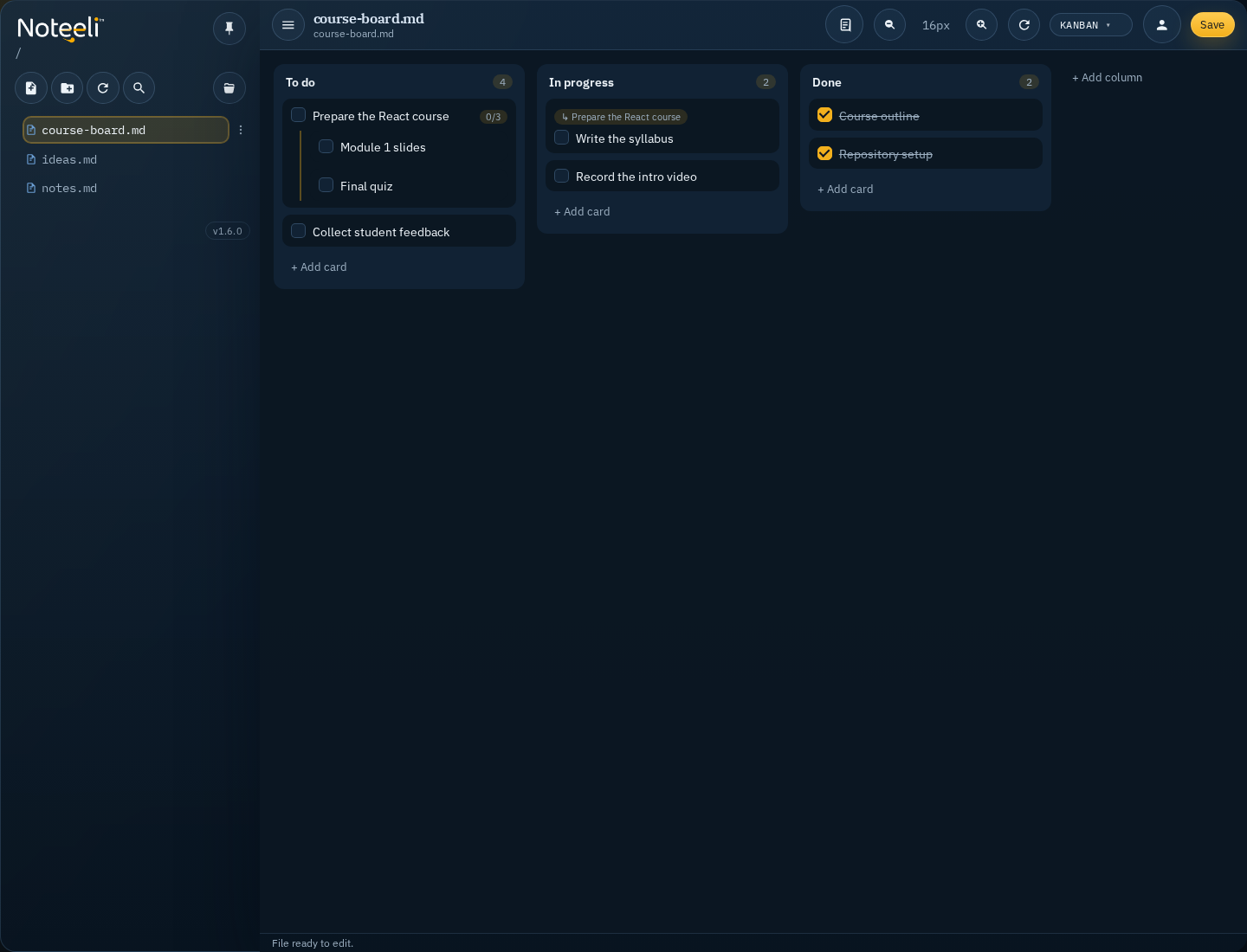 Noteeli kanban board with nested subtask cards and a parent link chip
