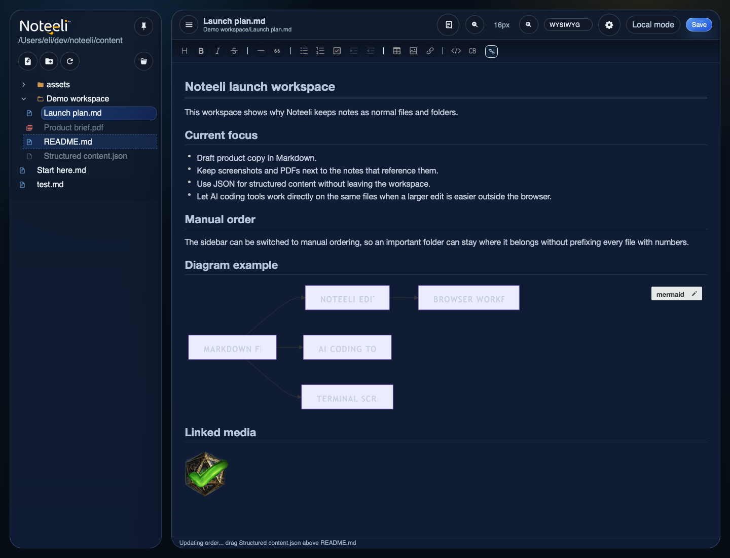 Noteeli sidebar showing a file being dragged into a manual order position
