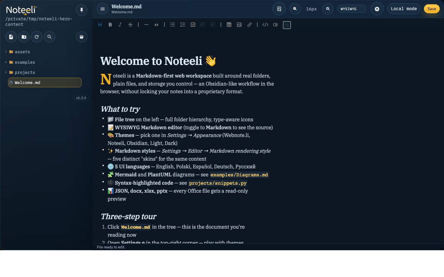 Noteeli workspace showing a Markdown note, folder tree, toolbar, and editor preview