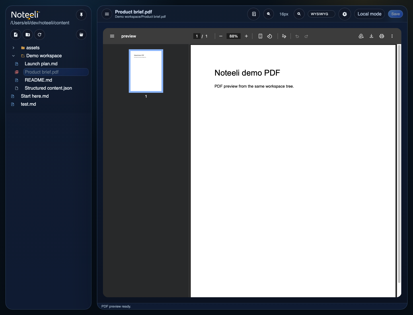 Noteeli PDF preview inside the workspace