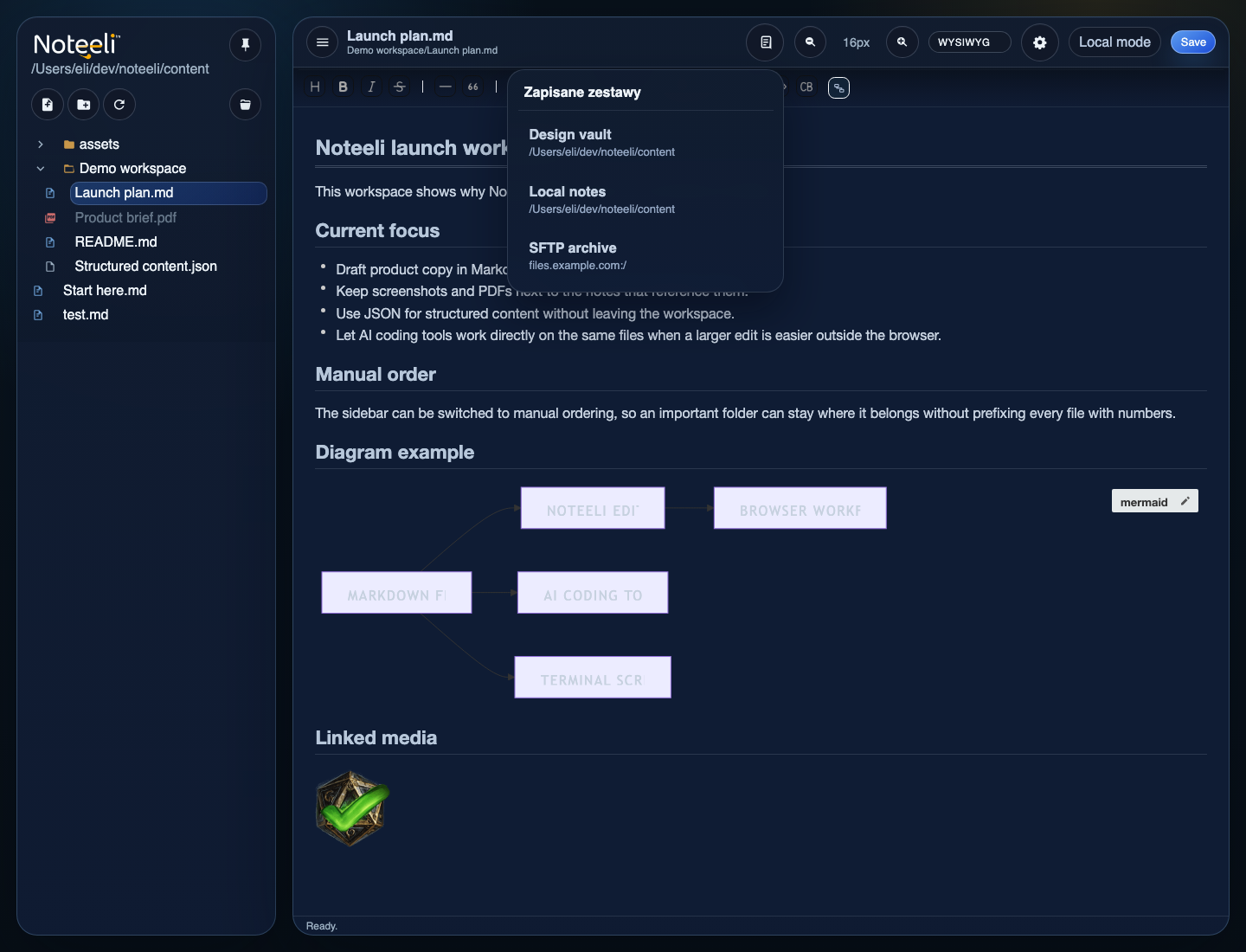 Noteeli saved workspaces dropdown with local and SFTP profiles
