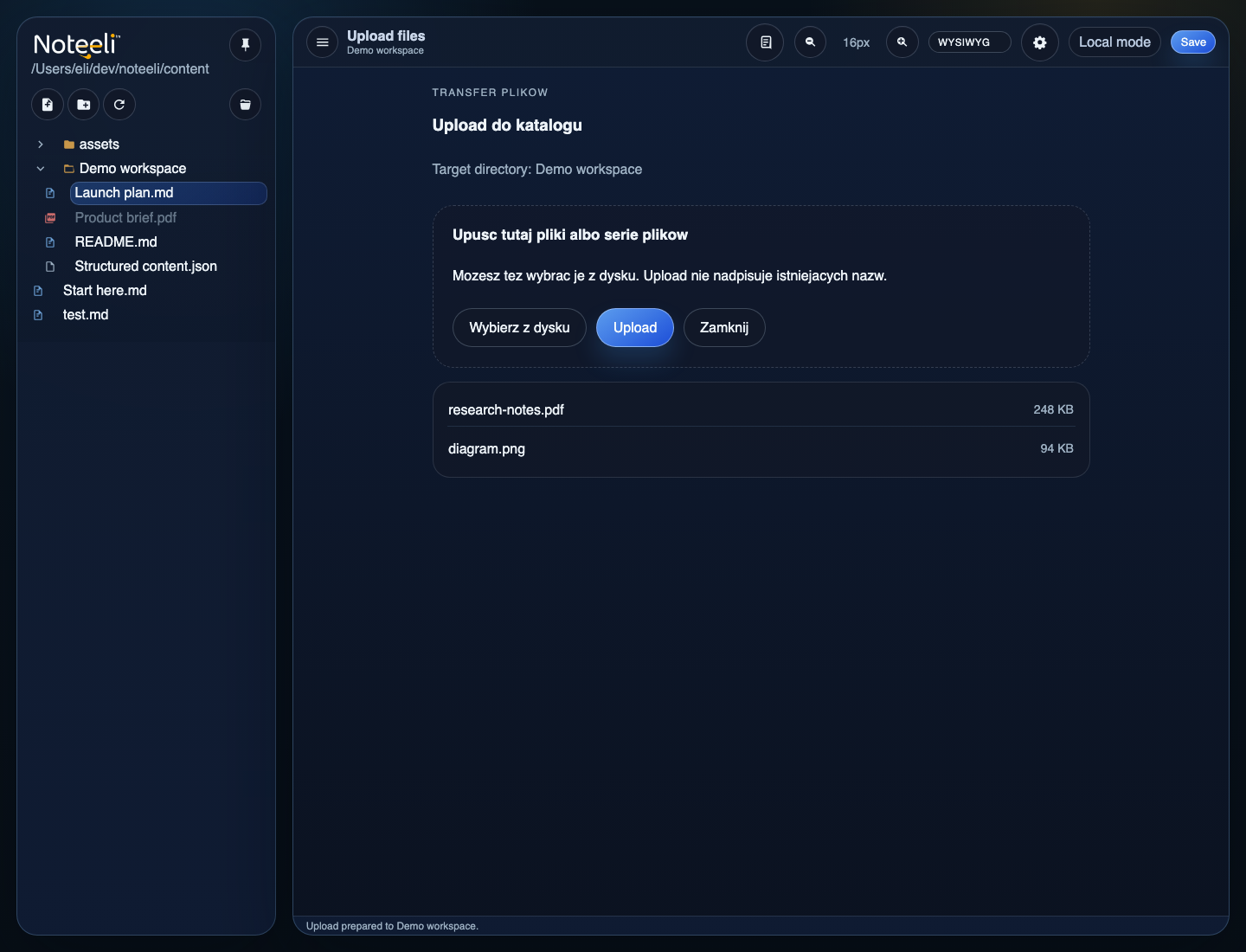 Noteeli upload panel opened for a selected workspace folder